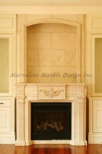 limestone fireplace mantel with over mantel